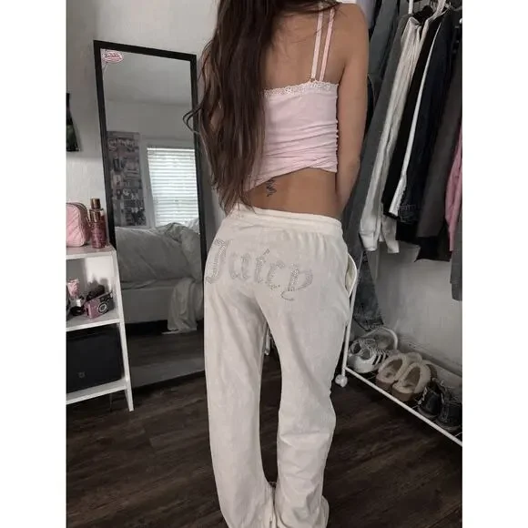 Juicy Couture Velour Rhinestone Bling Track Pants Cream Y2K S - Picture 2 of 11